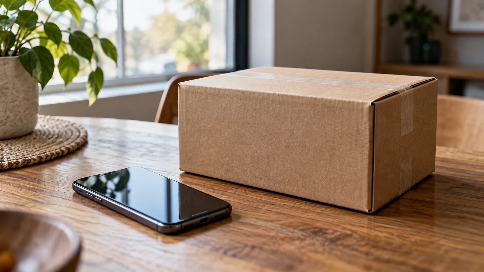 discreet delivery crypto shopping: A plain cardboard box and a smartphone rest on a wooden table.