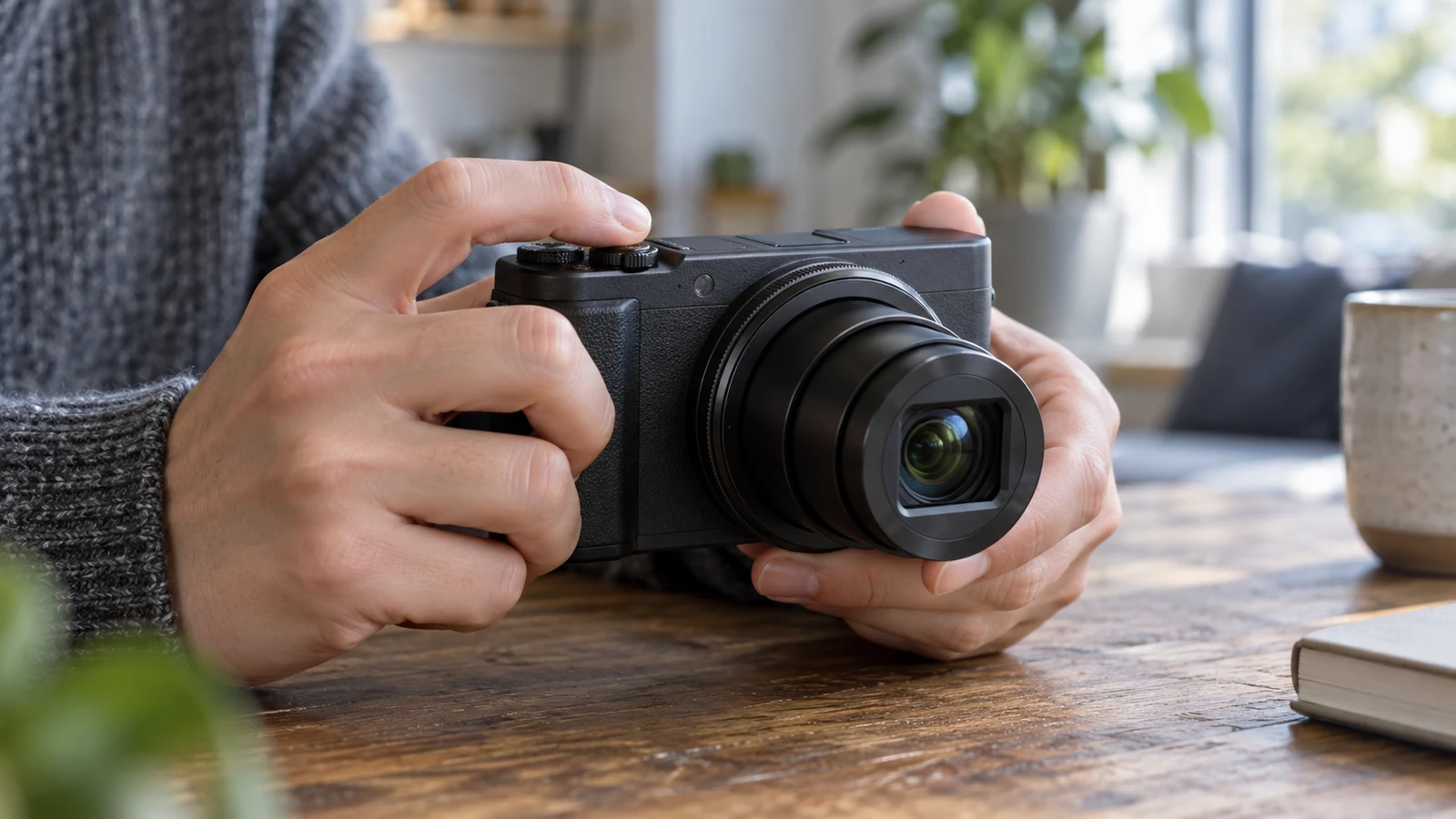 Sony ZV-1 II video zoom checks: Hands hold an unbranded black camera with an extended lens above a wooden table.