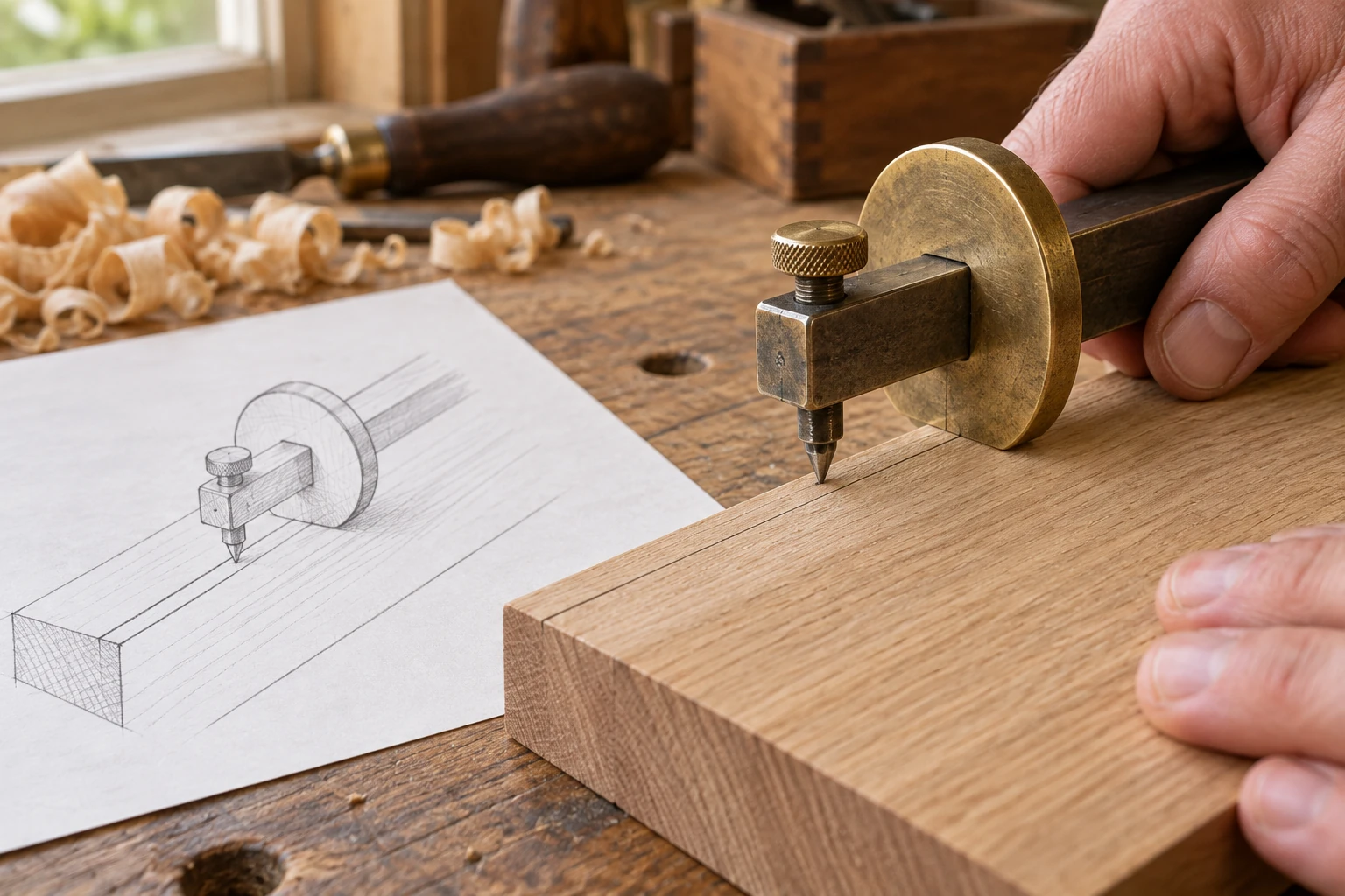 Woodworking marking gauge held against a scrap board reference edge beside a sketch of the intended parallel line.