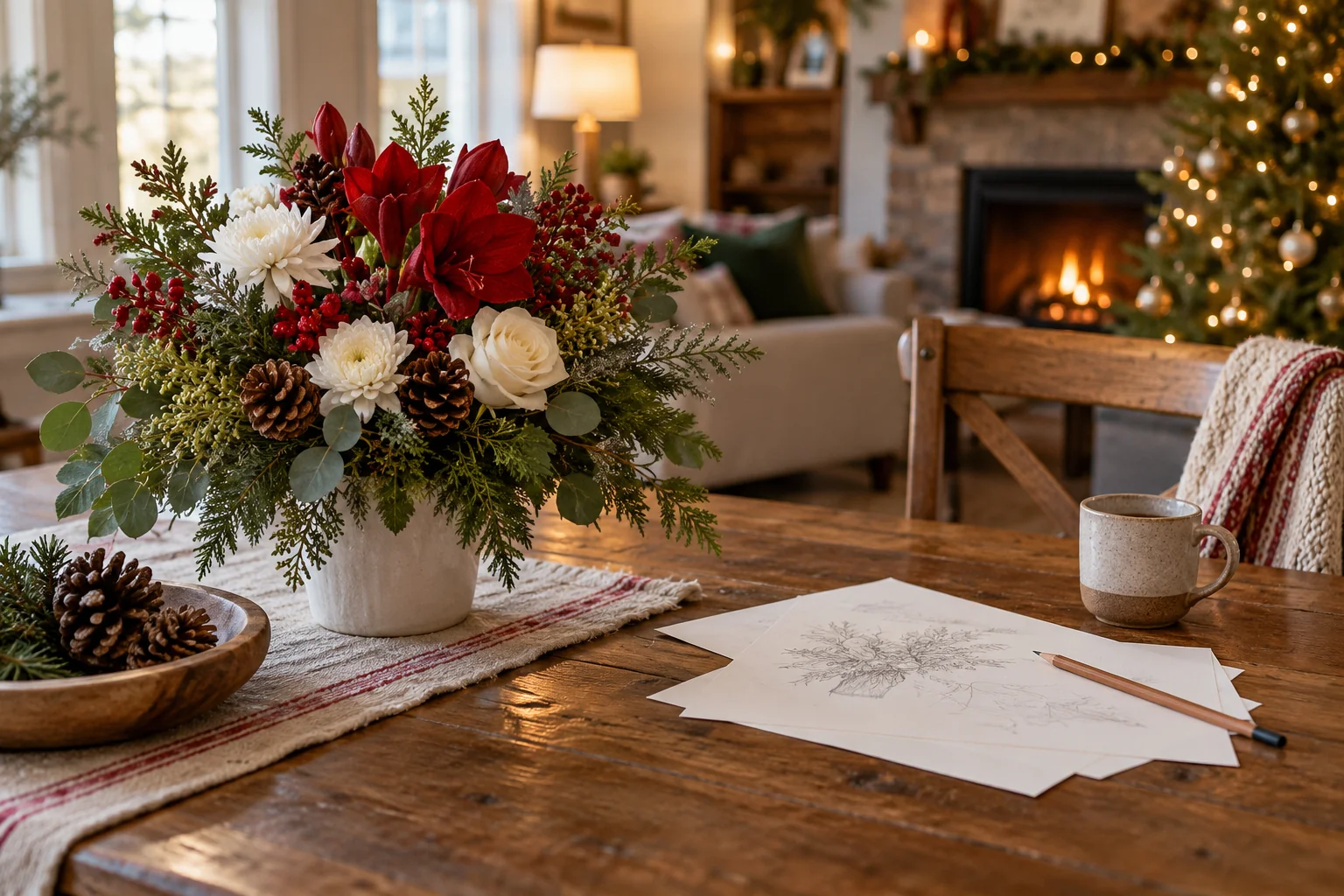 Holiday flower display quantities planned on plain paper beside a generic seasonal flower arrangement.