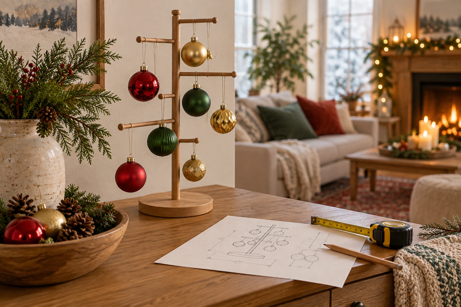 A tabletop ornament display stand on a console beside a hand-drawn spacing plan and tape measure, with red, green, and gold ornaments hung apart.