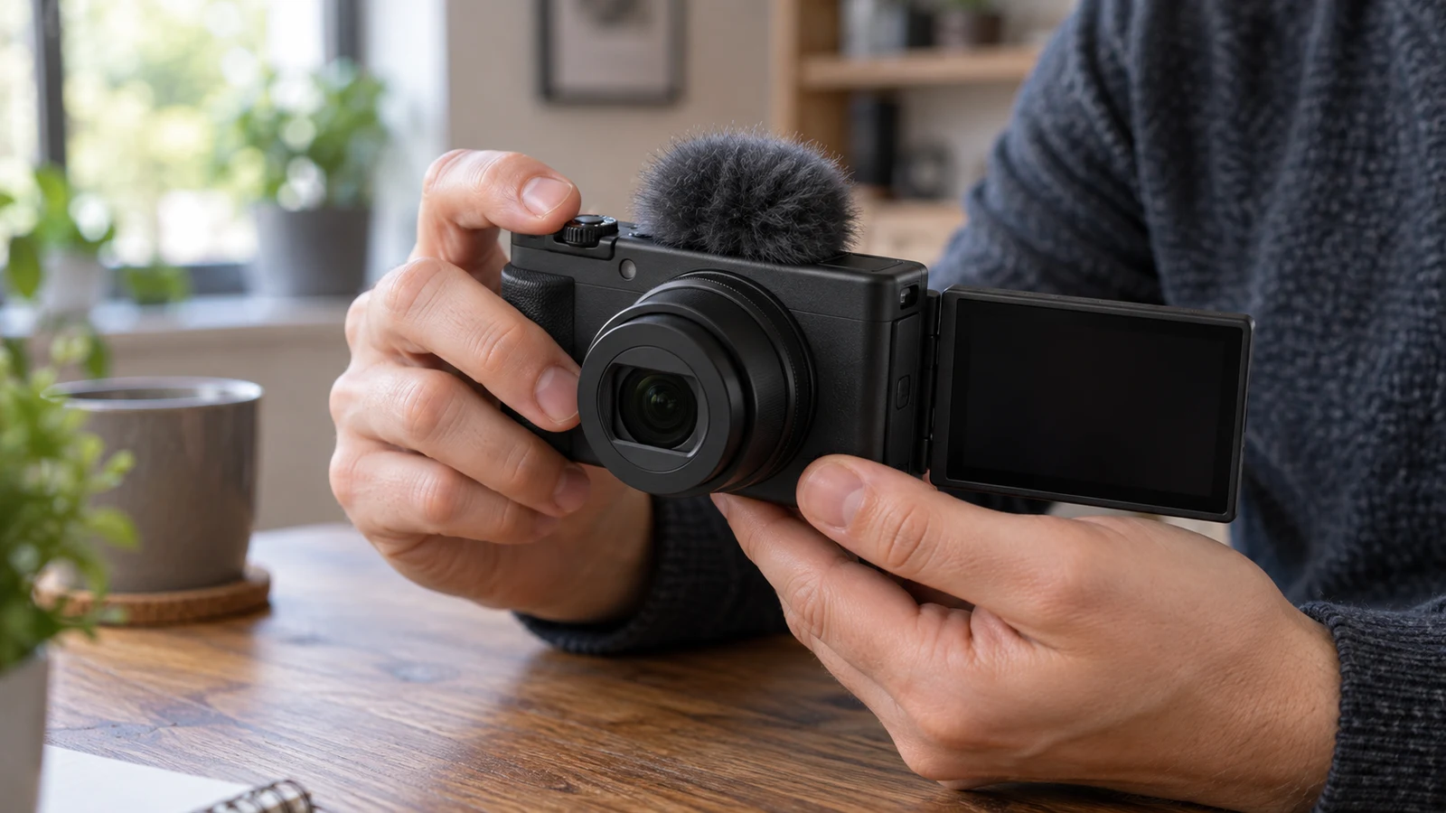 Sony ZV-1 II video pause checks: Hands hold an unbranded compact camera with an open dark screen above a wooden table.