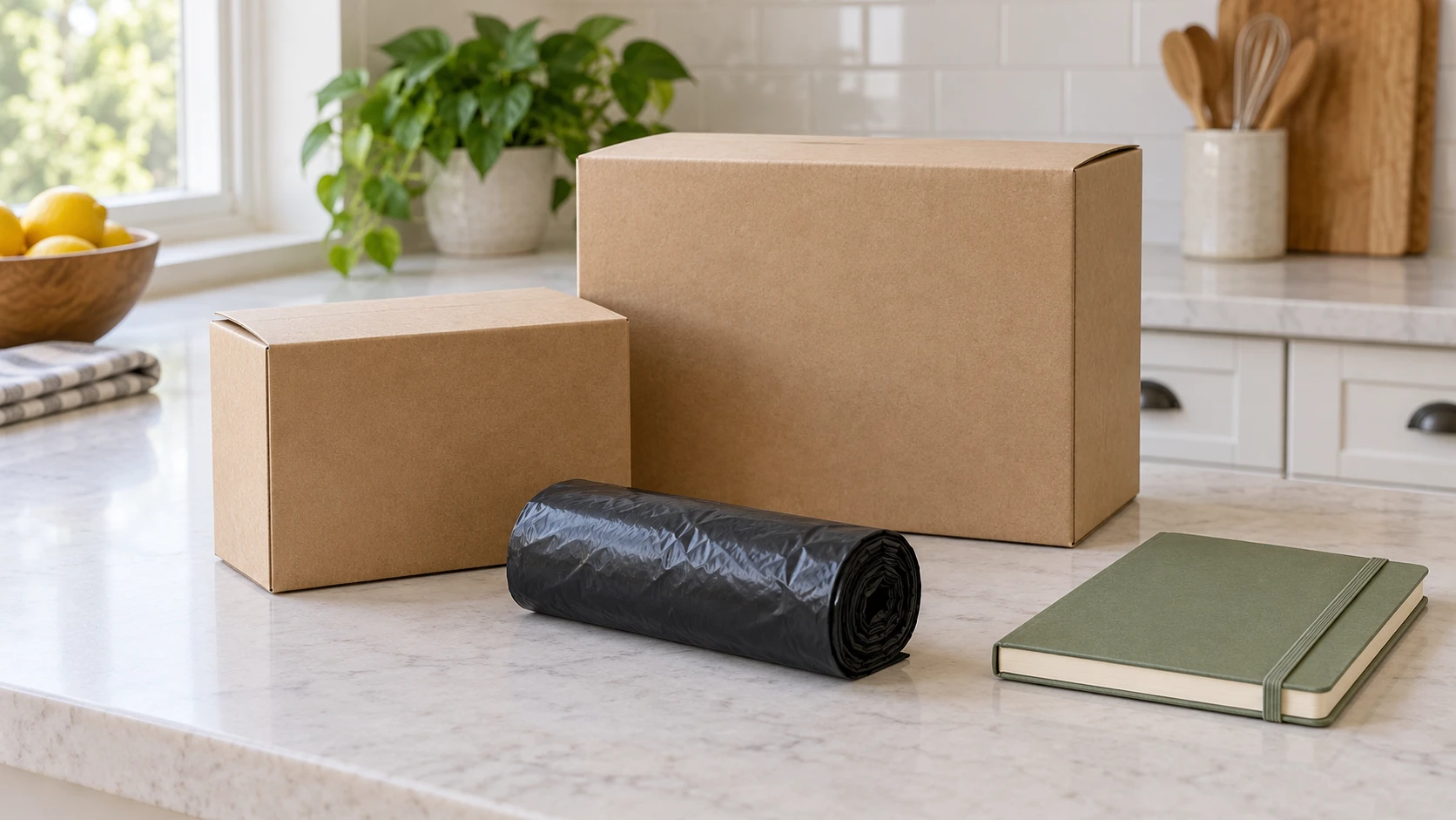 Bulk trash bag cost concept with whole generic plain cartons, one dark bag roll and a closed notebook on a kitchen counter.