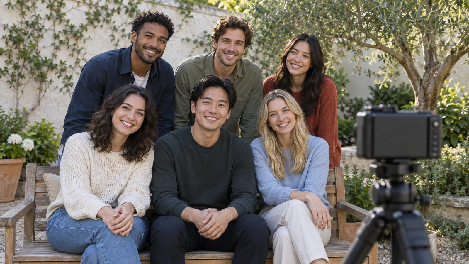 Sony ZV-1 II group photo planning: Six adults pose with unobstructed faces beside a tree, facing a camera on a tripod.