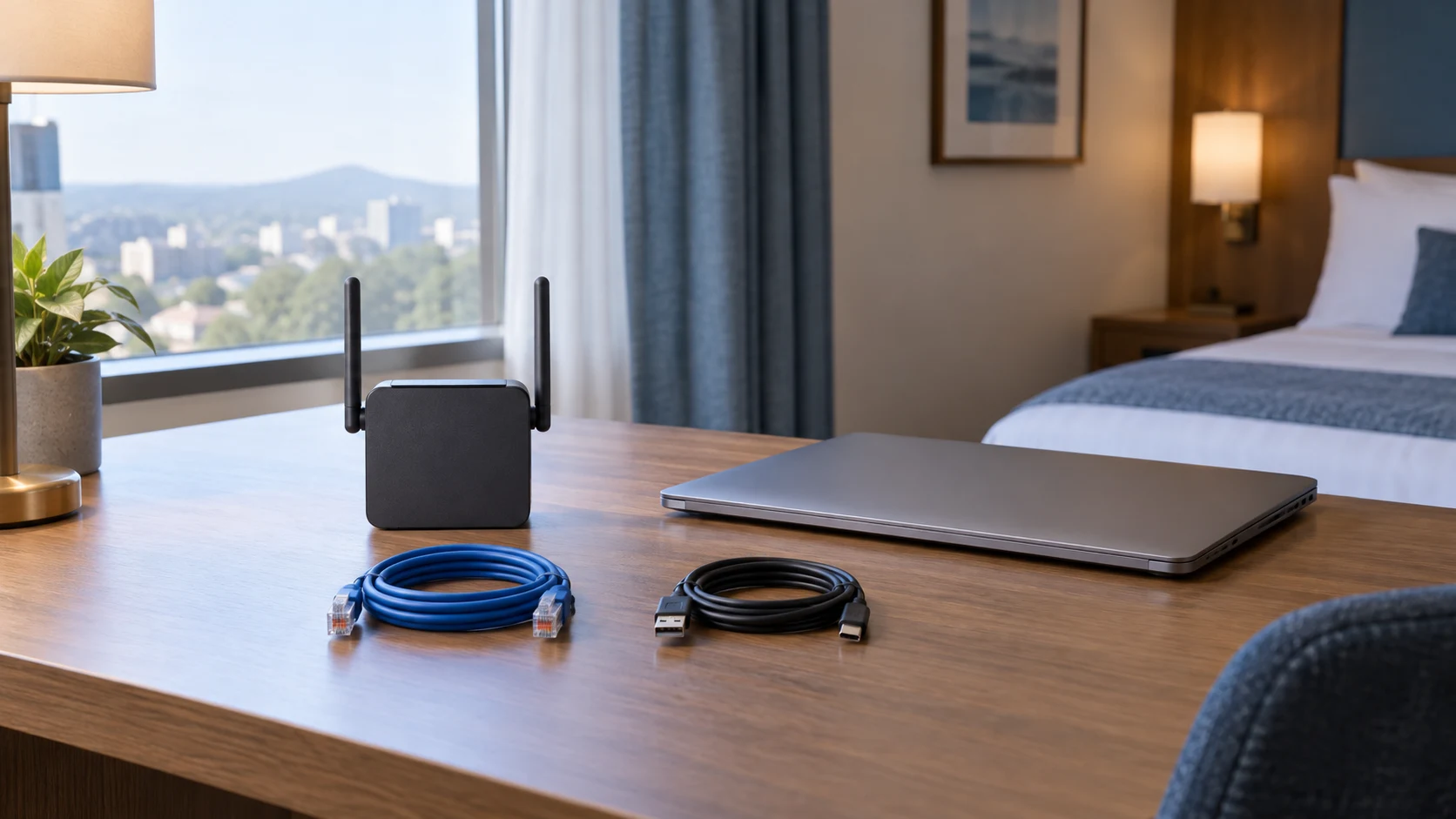 Illustrative travel router connection modes scene with a generic pocket router, closed laptop and separate coiled Ethernet and USB cables on a hotel desk.