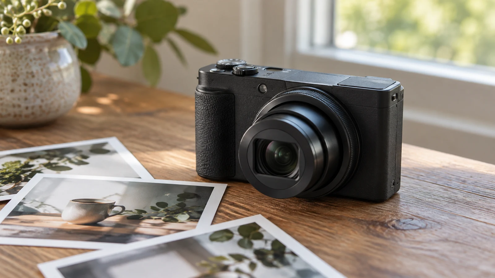 Sony ZV-1 II JPEG capture checks: A black compact camera rests beside photographic prints on a wooden table.