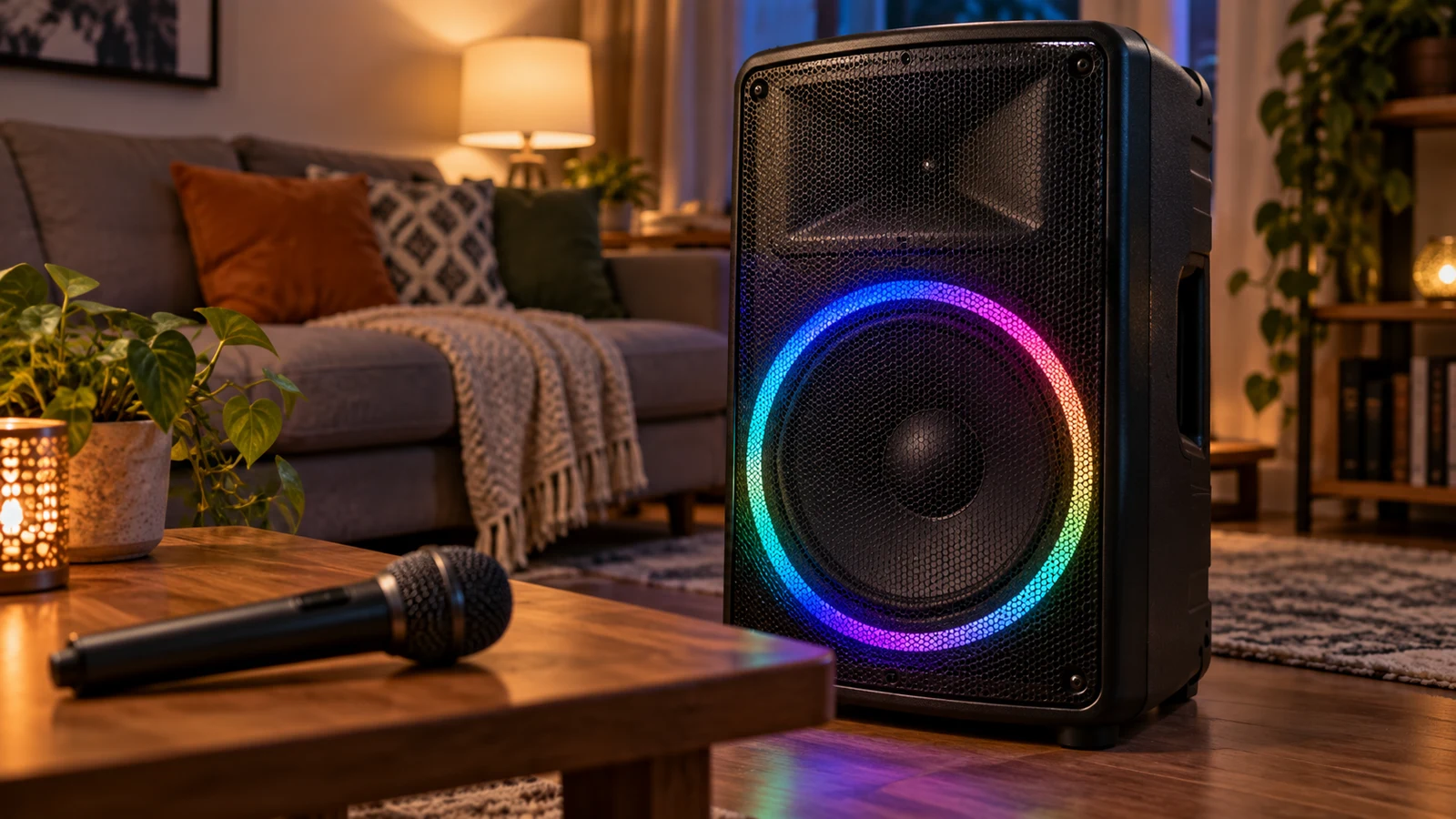 ION Audio Pro Glow 1500 speaker: A black speaker with a colorful light ring stands beside a microphone on a wooden table.