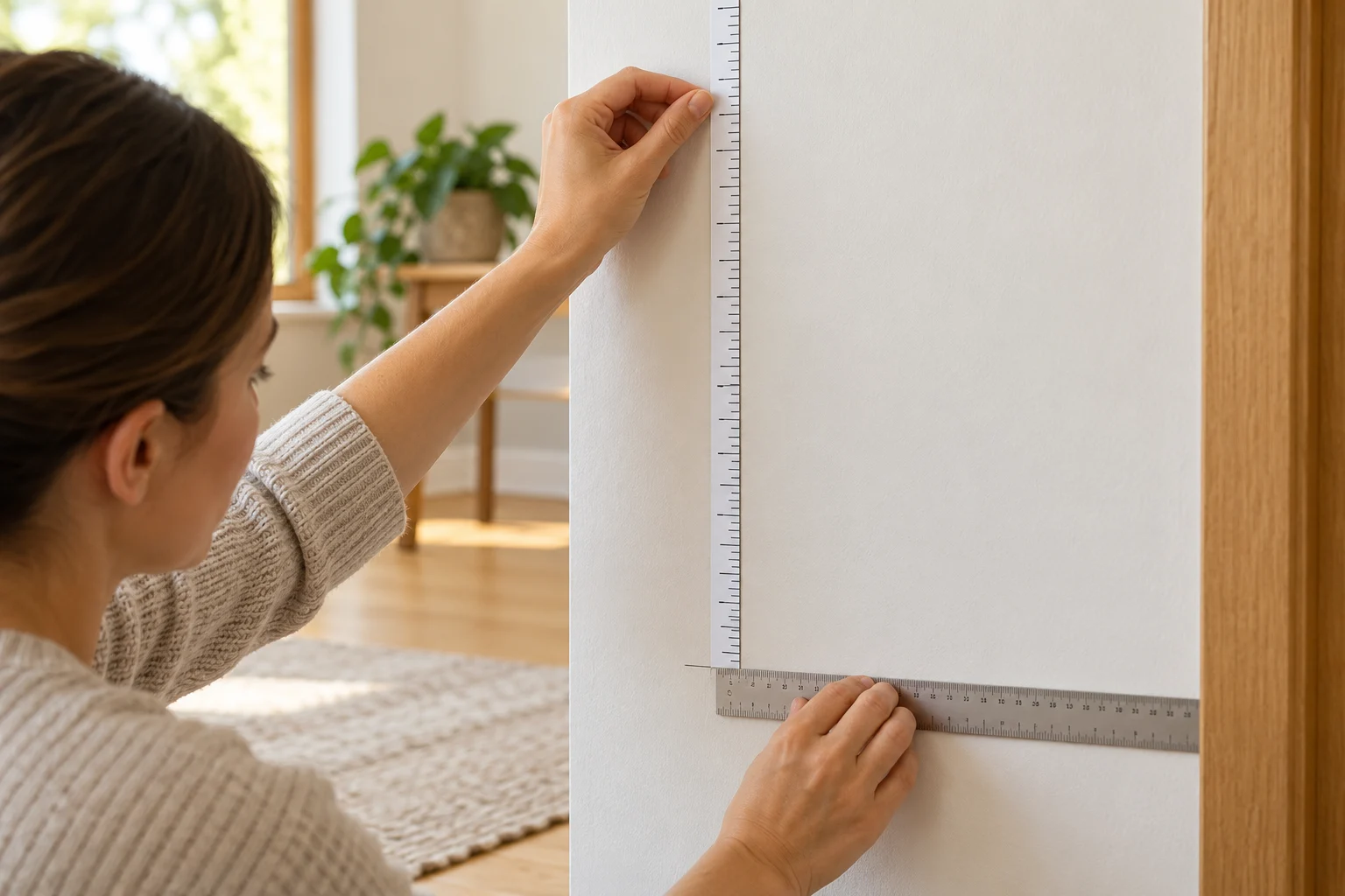 Self adhesive measuring tape installation using a checked starting mark on a smooth wall to make later readings consistent.