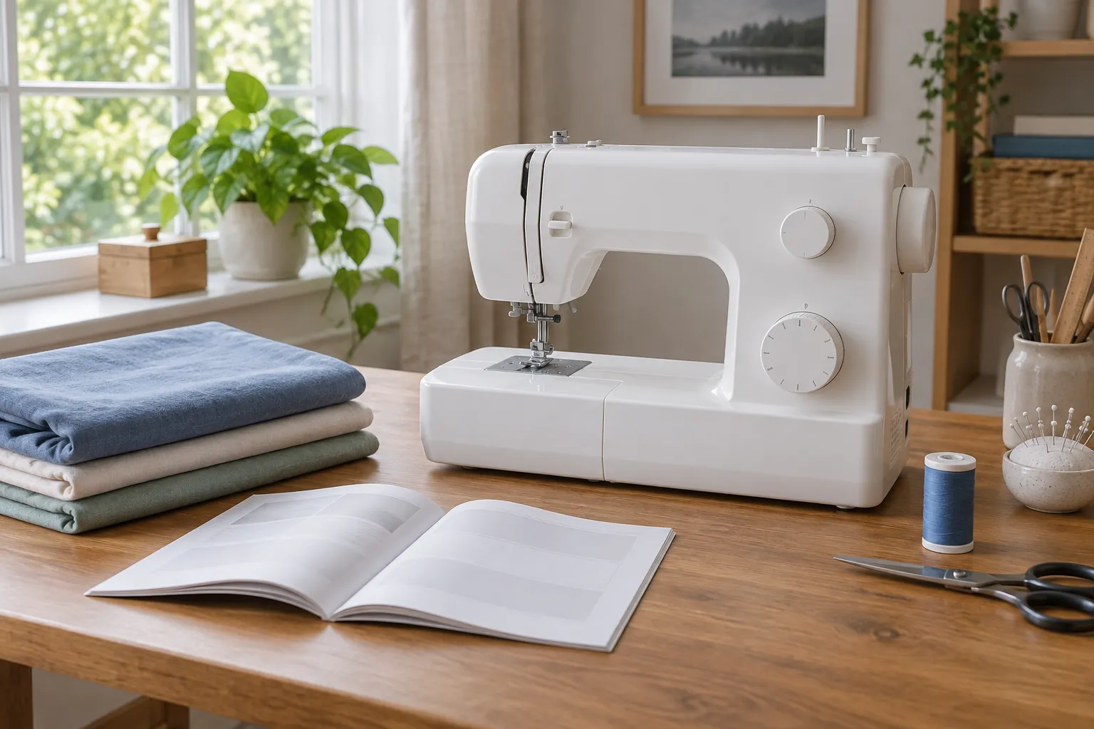 Janome 2212 thread breaking concept with a generic inactive mechanical sewing machine, thread spool, fabric and instruction book