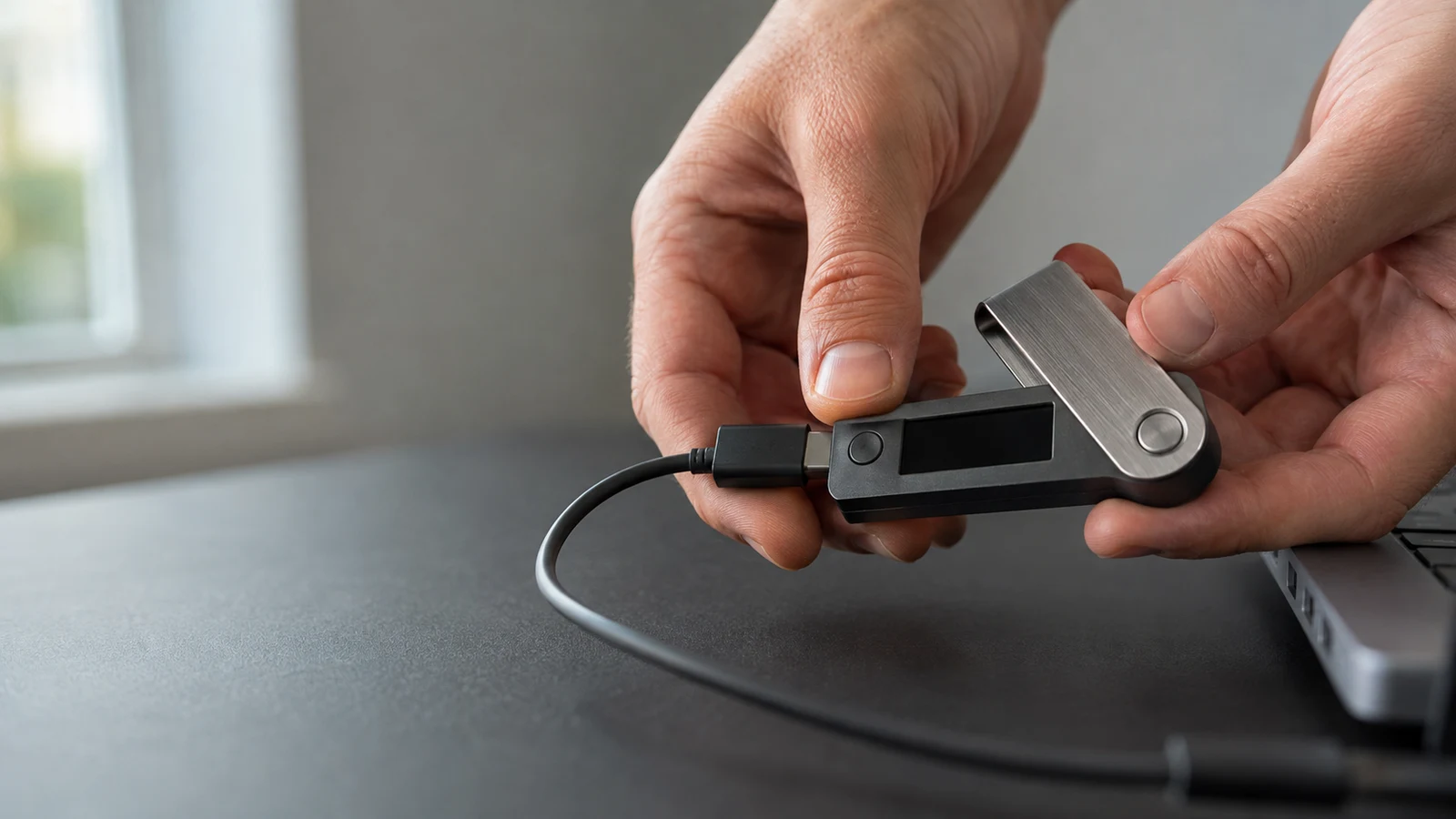 crypto purchase refunds: Two hands hold a hardware wallet connected by a cable to a laptop on a dark surface.