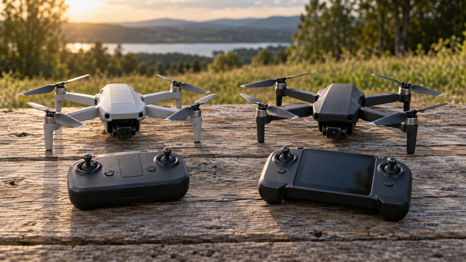 Holy Stone HS360D GPS drone: Two drones and two controllers rest on a weathered wooden table.