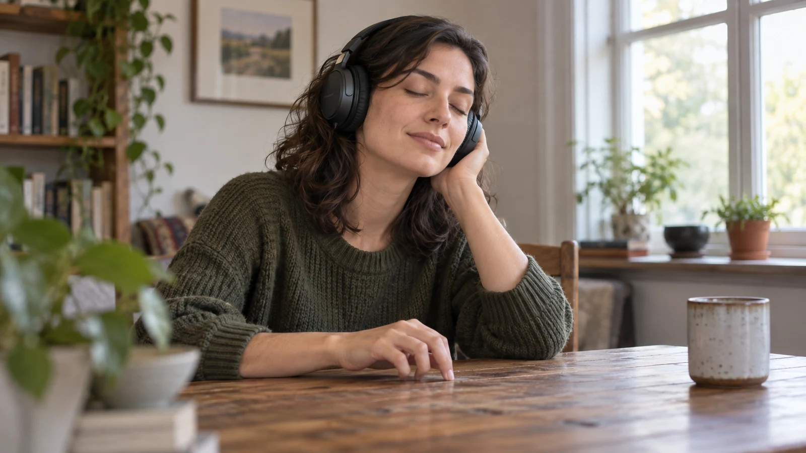 active music listening: A woman wearing headphones closes her eyes with her fingertips resting on a wooden table.