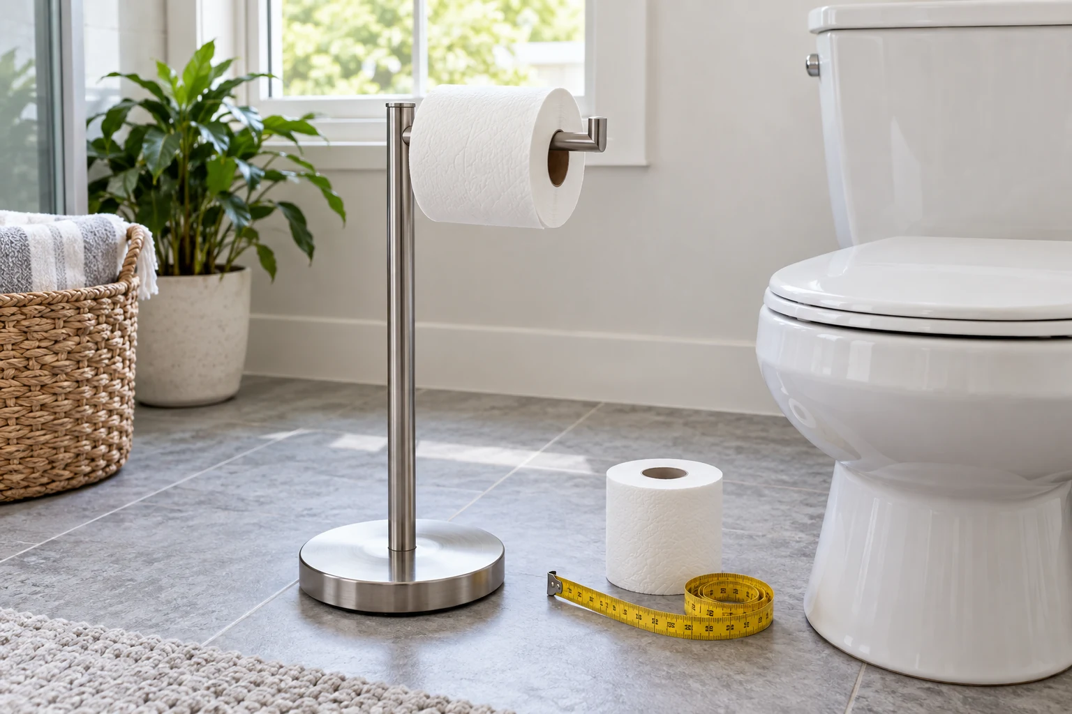freestanding toilet paper holder roll fit shown by a roll on a floor stand beside a toilet with a spare roll and tape measure nearby.