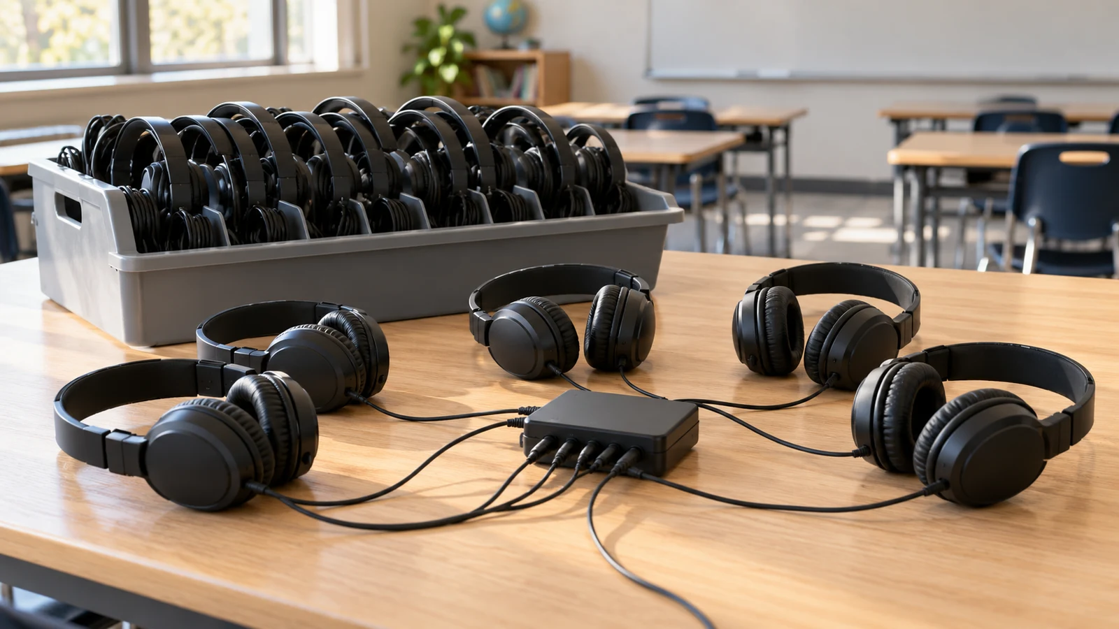 Avid AE-35 classroom 50-pack: Black wired headphones and a storage bin sit on a wooden classroom table.