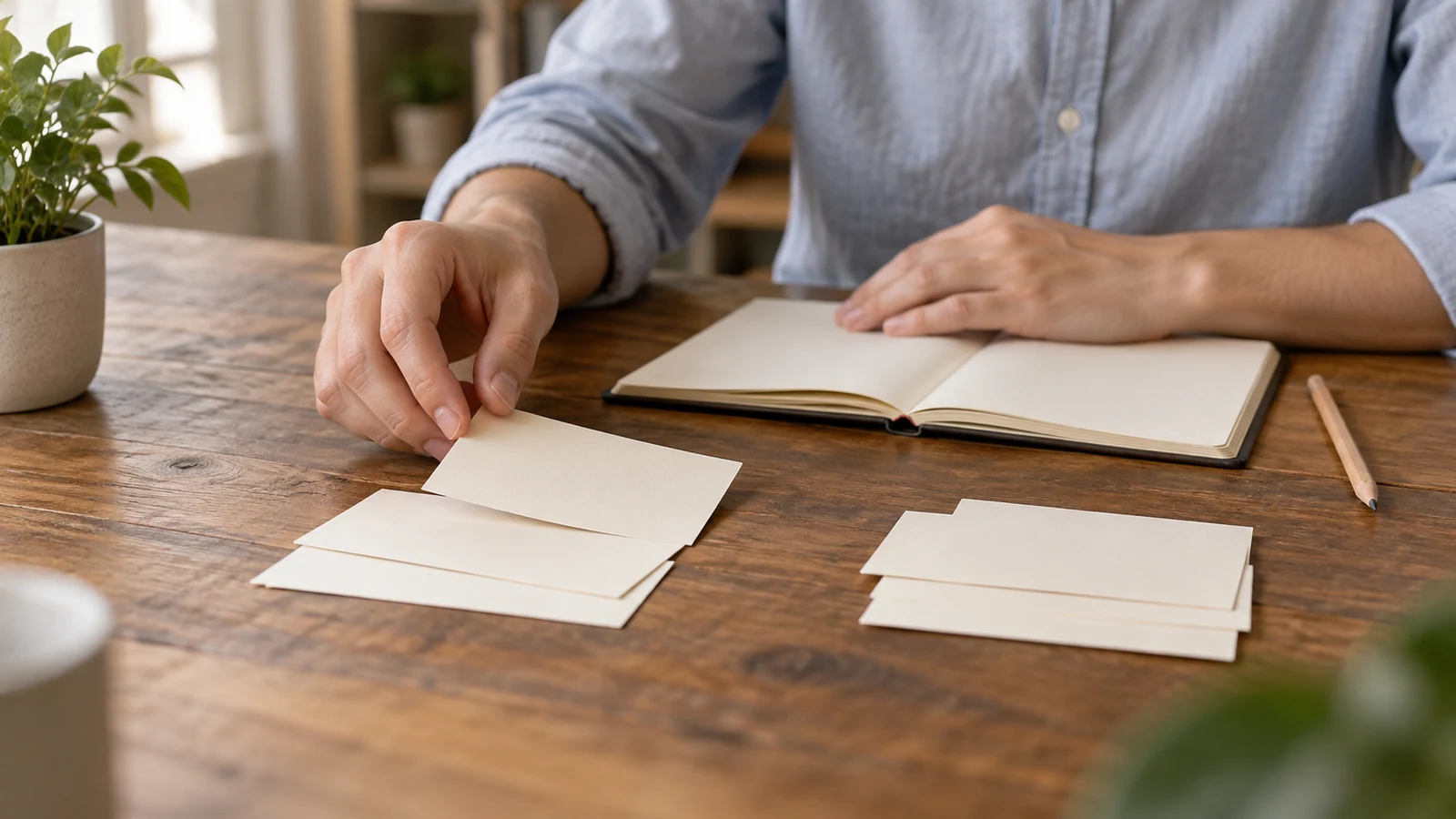 survey question wording: A person arranges blank cards on a wooden desk beside an open notebook.