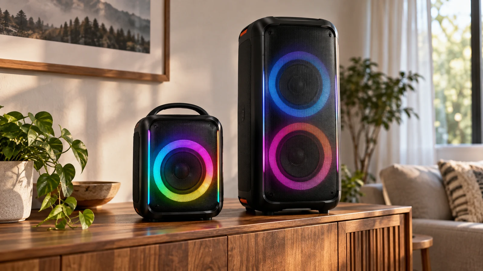 LXLE Bluetooth RGB speaker: Two black speakers with colored light rings stand on a wooden cabinet.