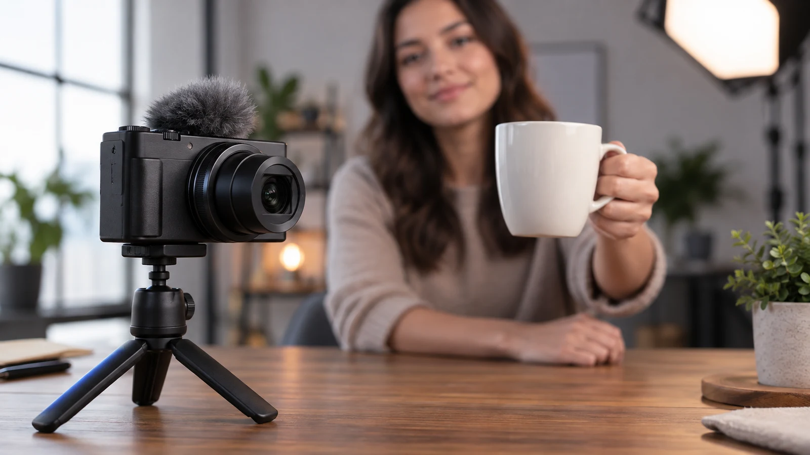 Sony ZV-1 II focus transitions: A woman holds a white mug beside an unbranded camera on a tabletop tripod.