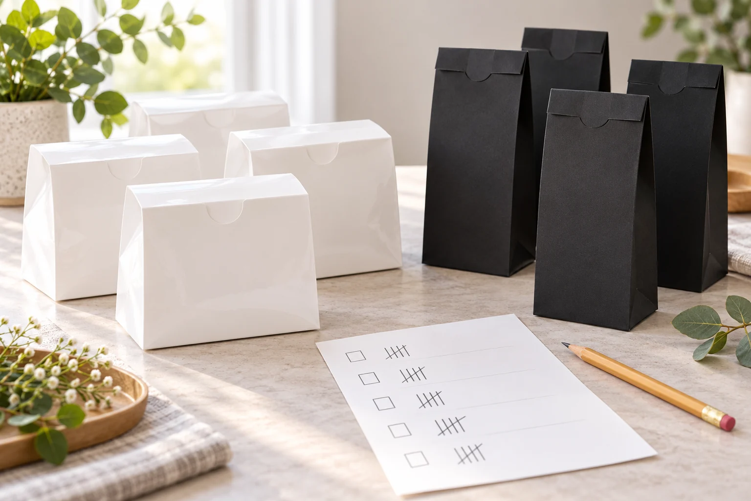 candle gift bags in two case styles beside a tally checklist for planning a batch of favors.