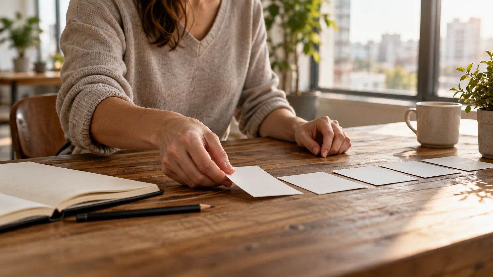 presentation slide planning: A person arranges blank cards on a wooden table beside an open notebook.