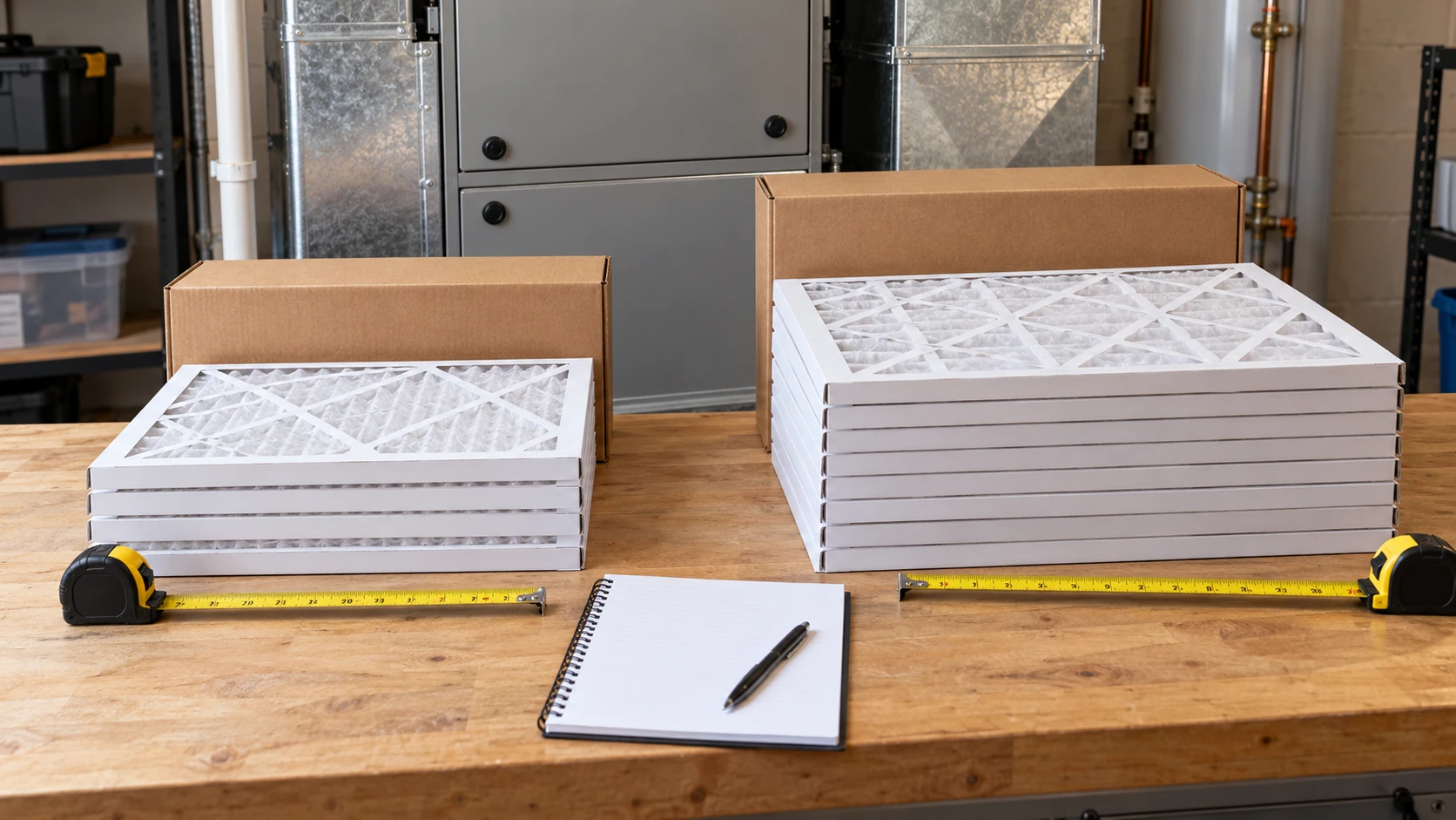 furnace filter pack cost illustrated by two filter stacks at an HVAC unit, with tape measures and a blank notebook for checking fit before comparing unit price.