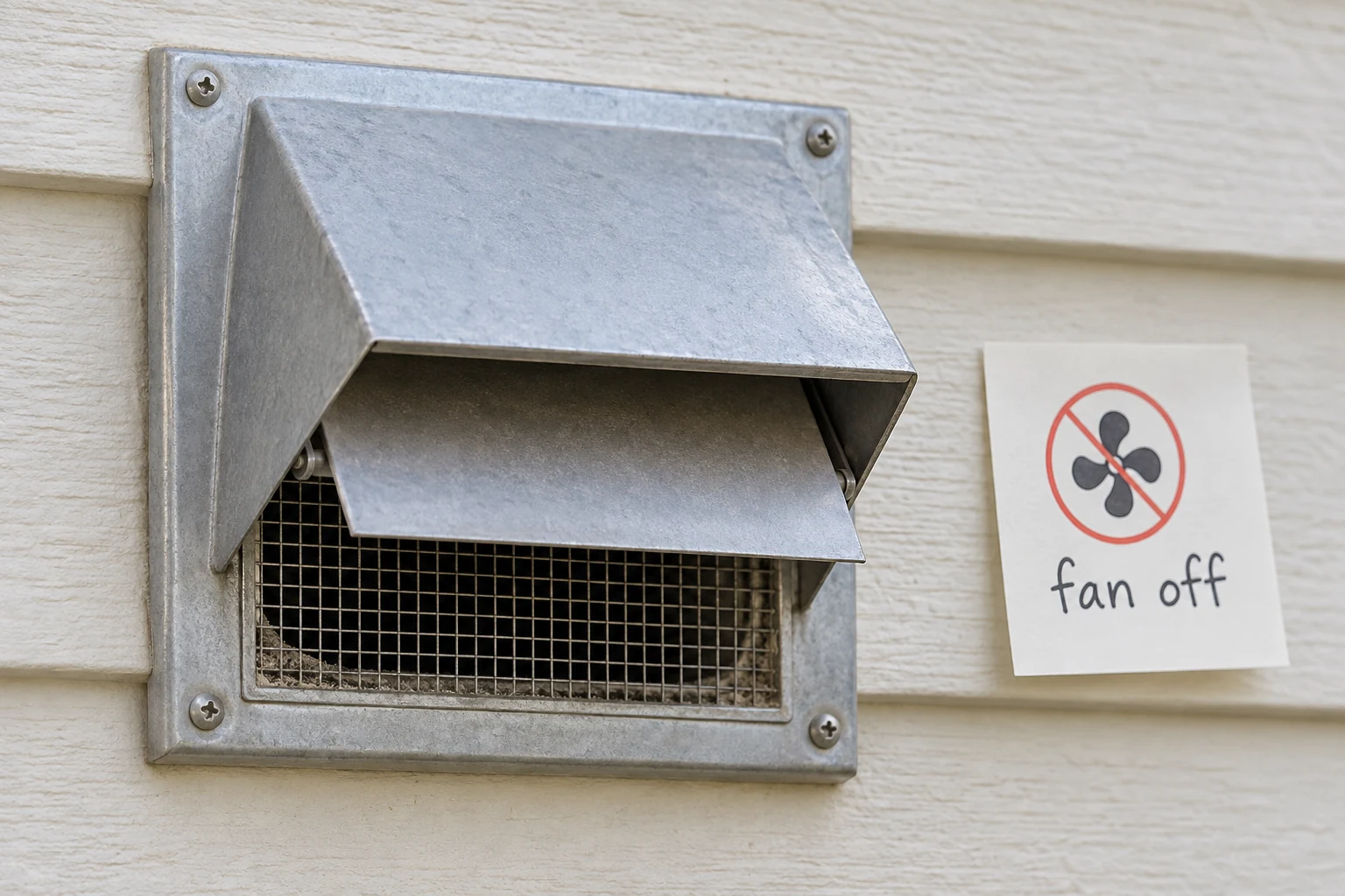 wall vent damper not closing: a hooded exterior wall vent with its screen and flap shown beside a simple fan-off observation note.