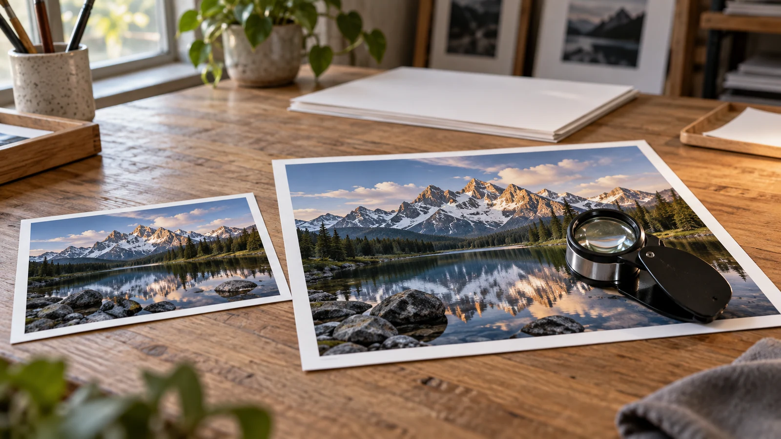 print image resolution: Two differently sized mountain photographs and a magnifying loupe rest on a wooden table.