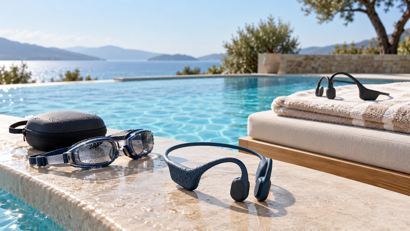Summer swim headphones beside goggles at a pool, with a separate dry-deck headset on a folded towel.