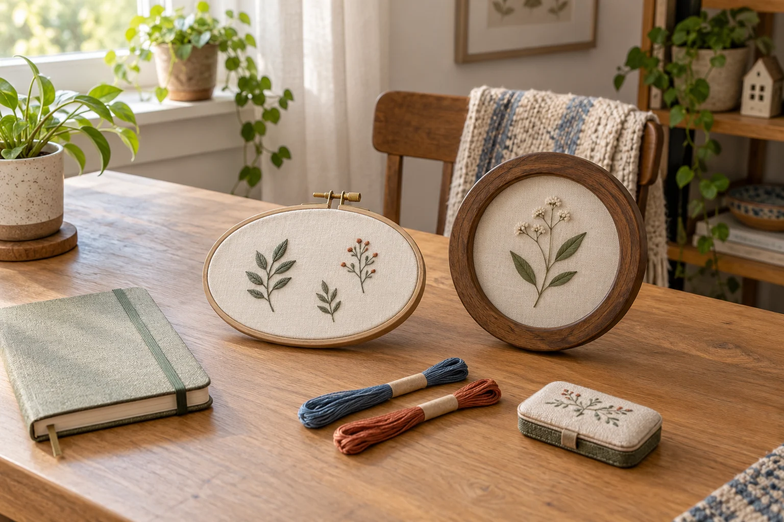 Small embroidery corner with whole generic oval hoop and round display frame, simple stitched samples, thread, notebook and closed needle case.