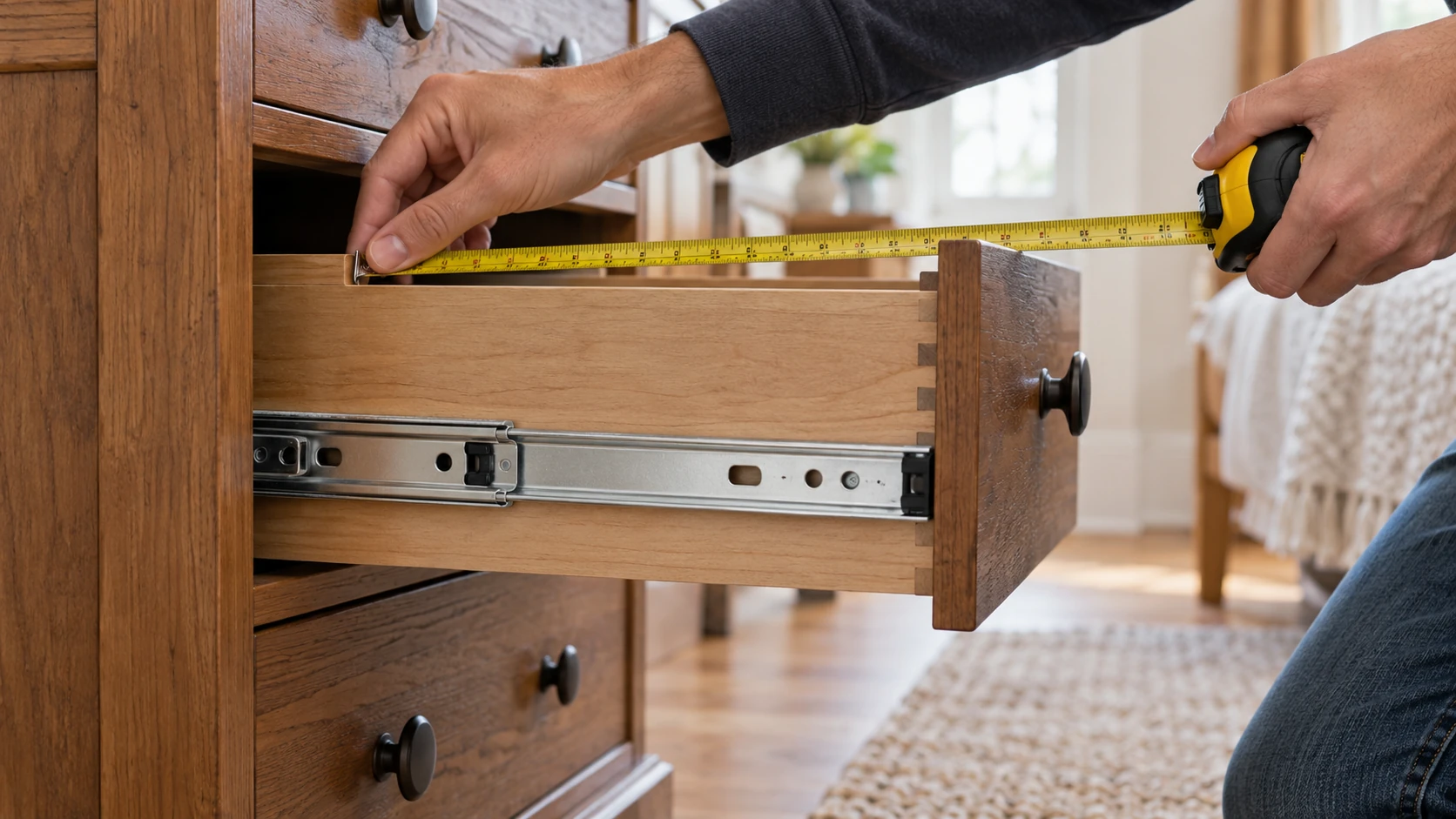 Drawer won’t close after slide replacement: a tape measure checks an open wooden drawer with side-mount rails visible.