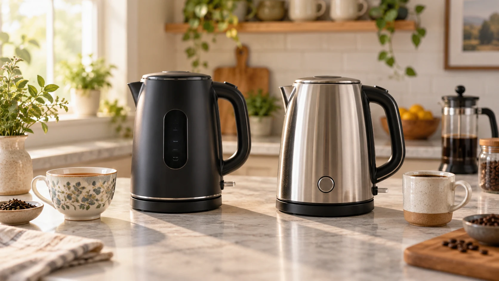 Hamilton Beach Cool-Touch vs KitchenAid 1.7L electric kettle represented by generic kettles and cups at a kitchen counter; conceptual cover, not actual models, included parts or tested heating.