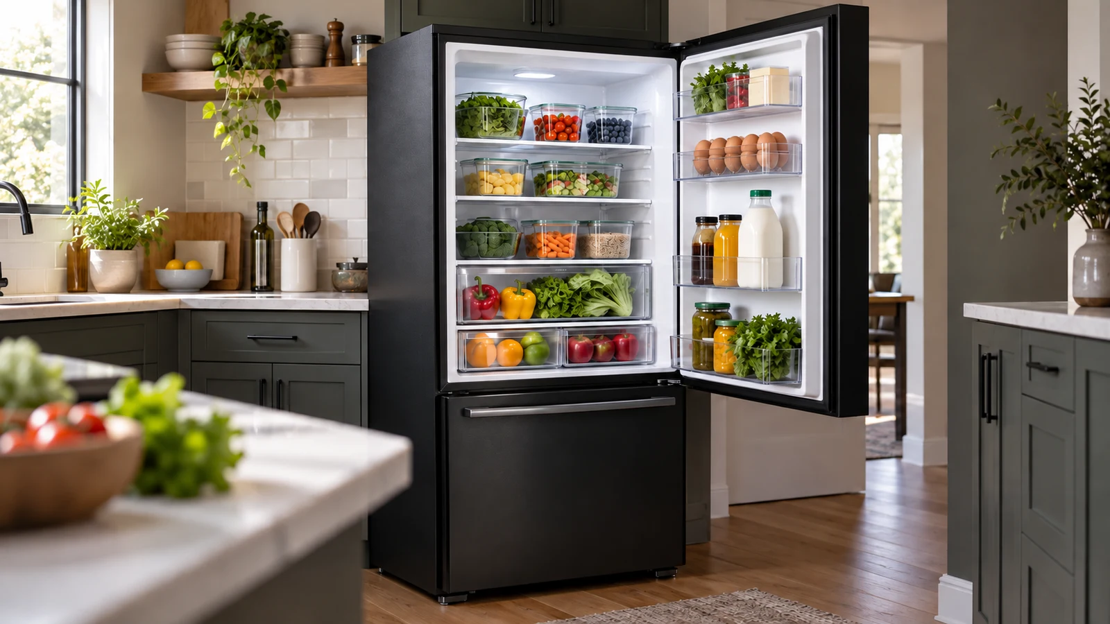 Cosmo COS-RFFV283RBK refrigerator: An open black refrigerator holds produce, eggs and clear food containers in a kitchen.