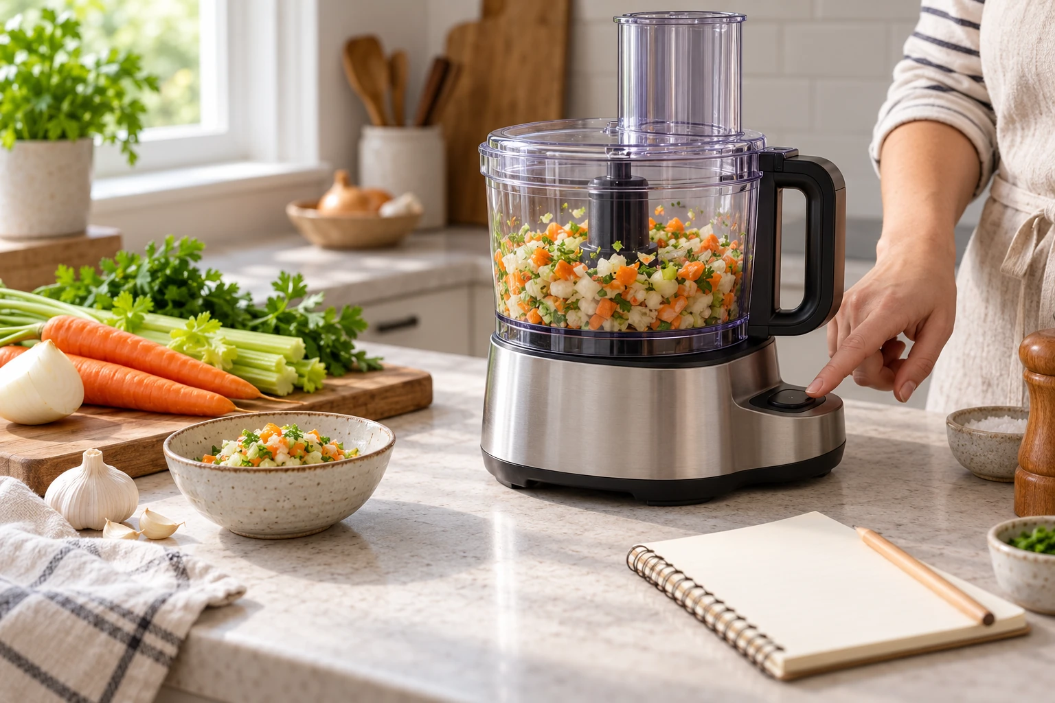 food processor pulse control shown by a closed processor with chopped vegetables, a hand at the pulse button and a blank recipe note.