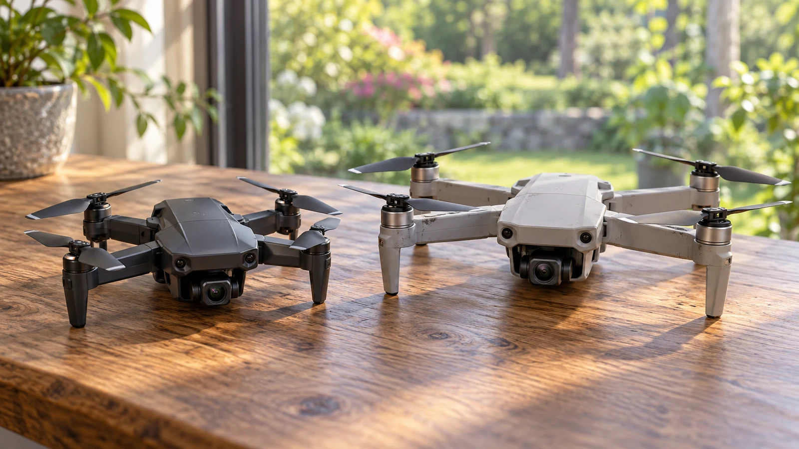 Raxoty 4K mini drone: Two camera drones rest side by side on a wooden table beside a window.