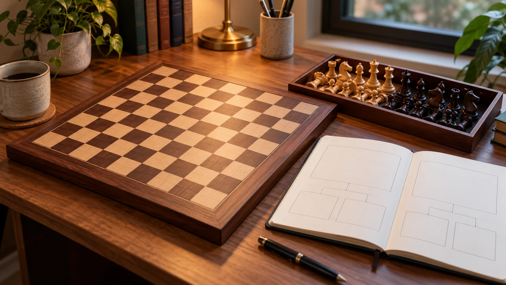 Chess analysis notes concept with a whole empty generic chessboard, inactive pieces in a separate tray and an open notebook with separate blank writing areas, without a game position or move demonstration