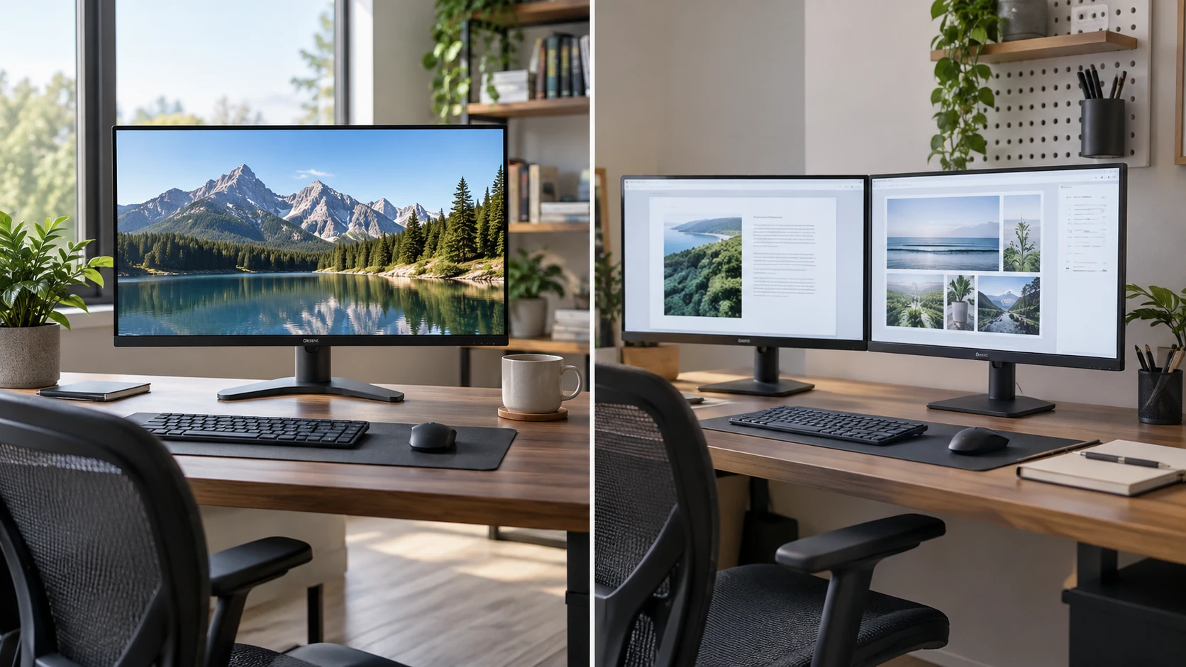 For Lenovo Legion Y27q-30 monitor, consider pixel detail against a two-panel workspace, plus desk layout, connections, and mounting.
