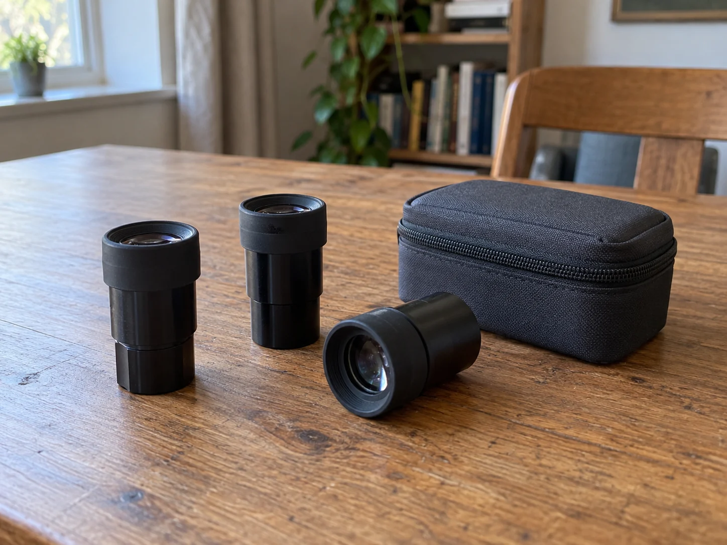 Microscope eyepiece fit concept with three whole generic uninstalled eyepieces and a closed storage case on a wooden study table.