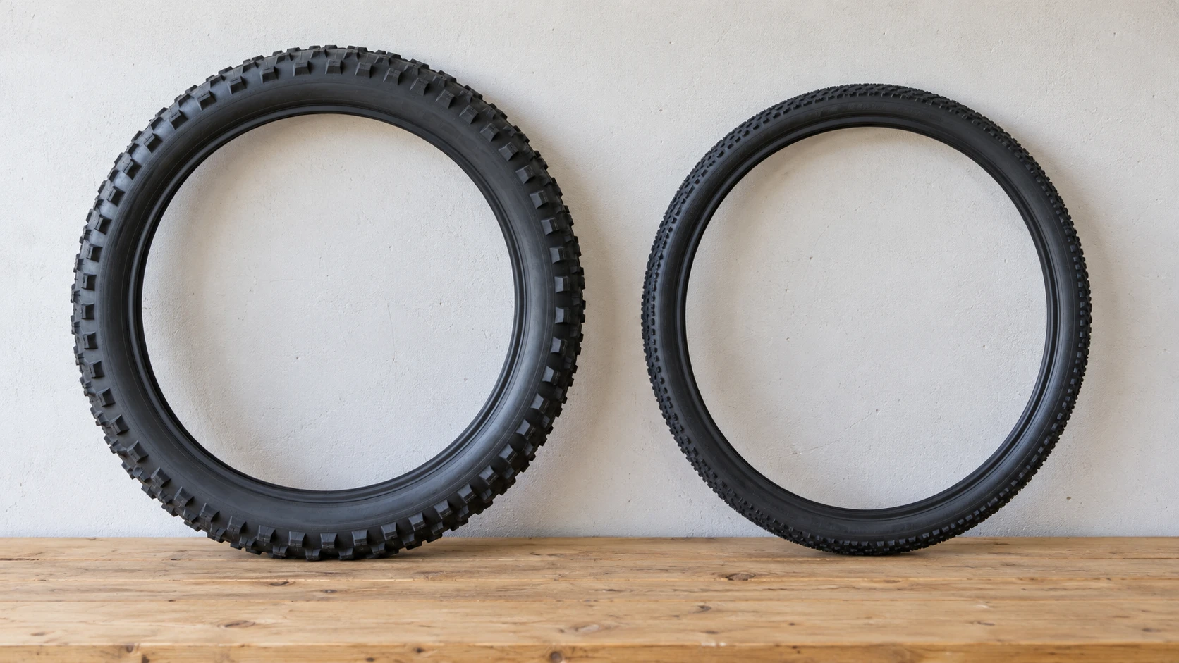 650B and 27.5 tire compatibility concept with two complete generic unmounted bicycle tires.