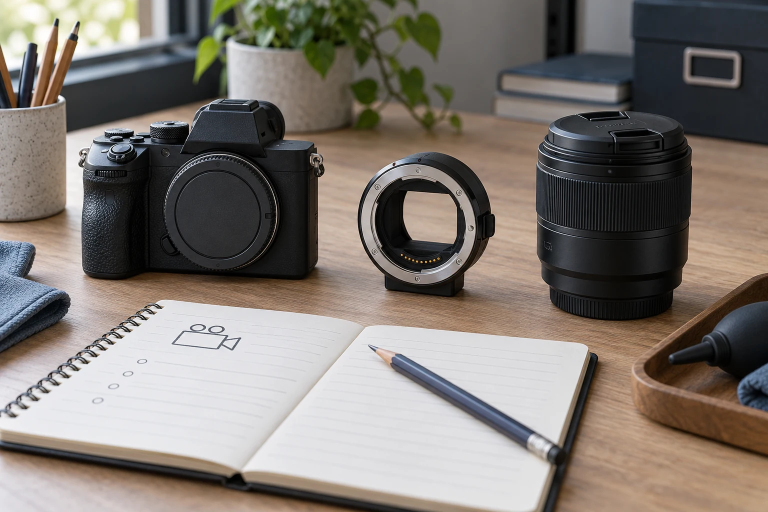 Camera lens adapter compatibility planning with separate camera, adapter ring and lens beside a video shot notebook.