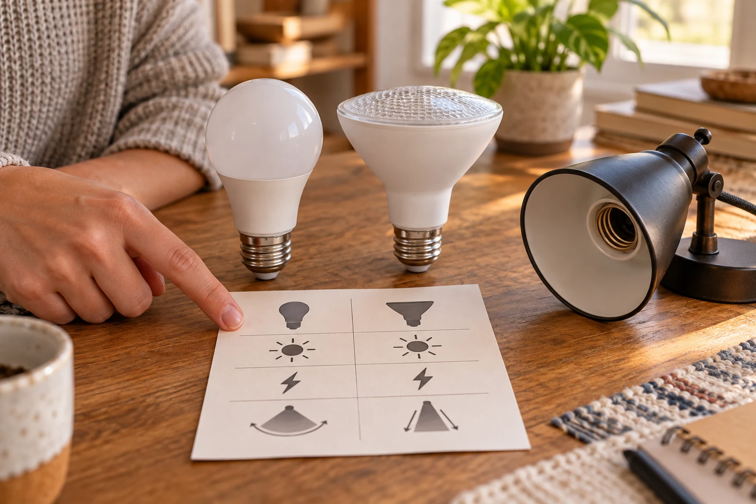 LED bulb lumens vs watts guide comparing useful light, actual power and fixture fit for an A19 lamp and a directional PAR30.