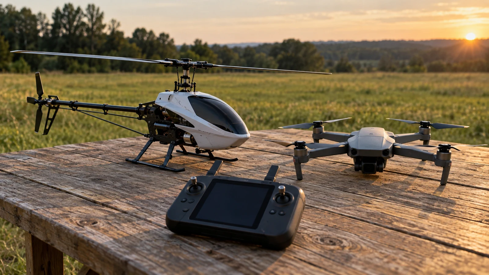 GUOTHA C127AI single-rotor drone: A model helicopter, quadcopter and screen controller rest on a wooden table.