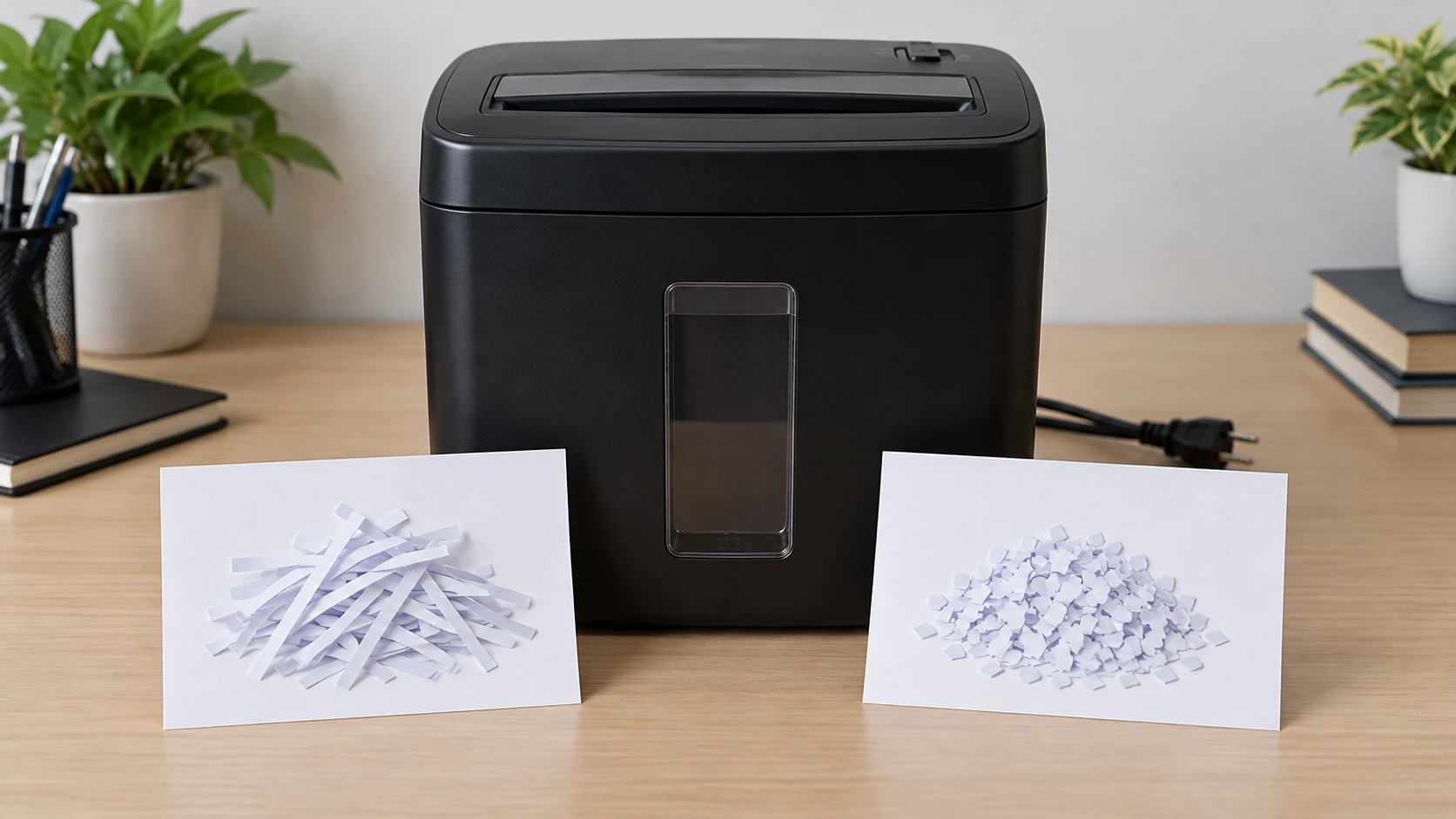 Unexpected shredder cut shape concept with a generic inactive shredder beside separate long-strip and short-piece illustrations on plain cards, without hands at the feed slot or a cutting demonstration