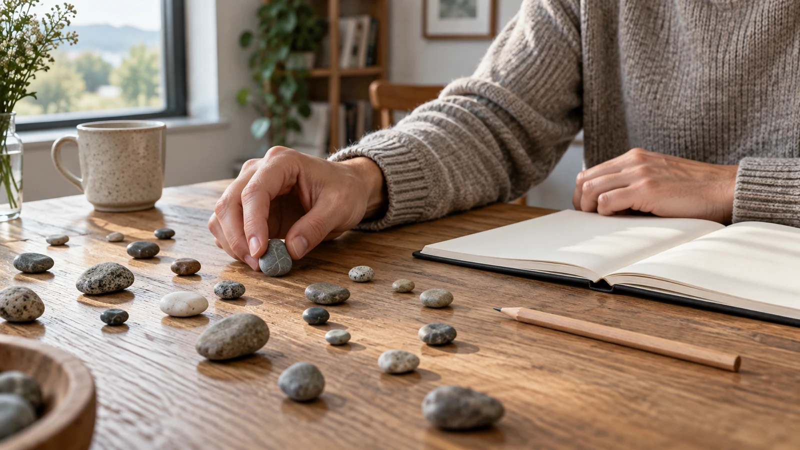scatter plot interpretation: A person holds a pebble over a wooden table scattered with stones beside a blank notebook.