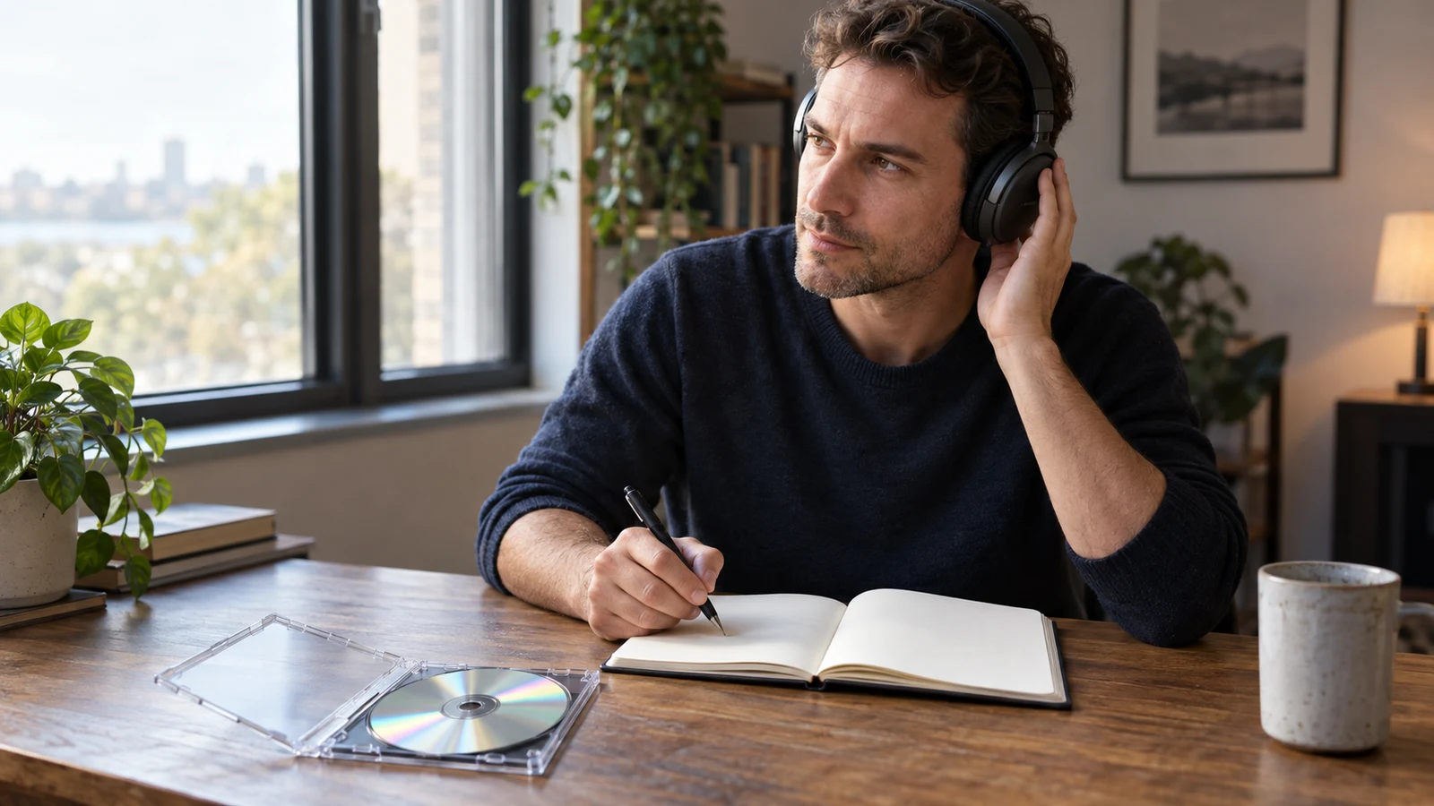 CD interview transcription: A man wearing headphones holds a pen above an open notebook beside a compact disc on a wooden desk.