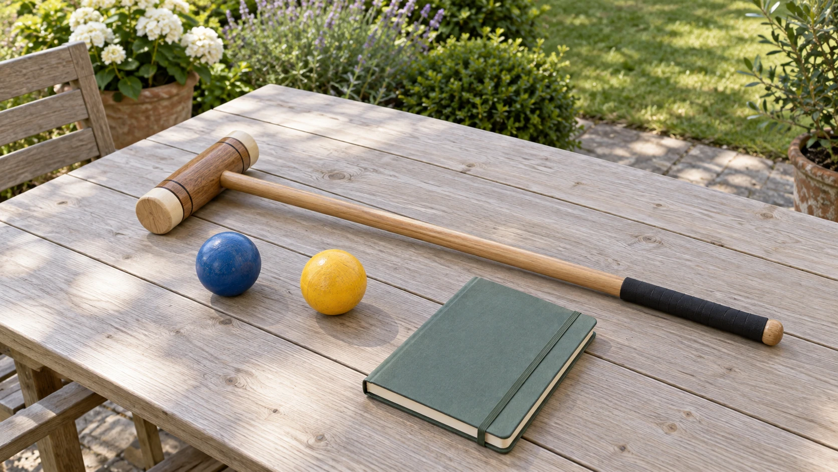 Croquet played out of turn concept with a whole generic inactive mallet, blue and yellow balls and a blank notebook.