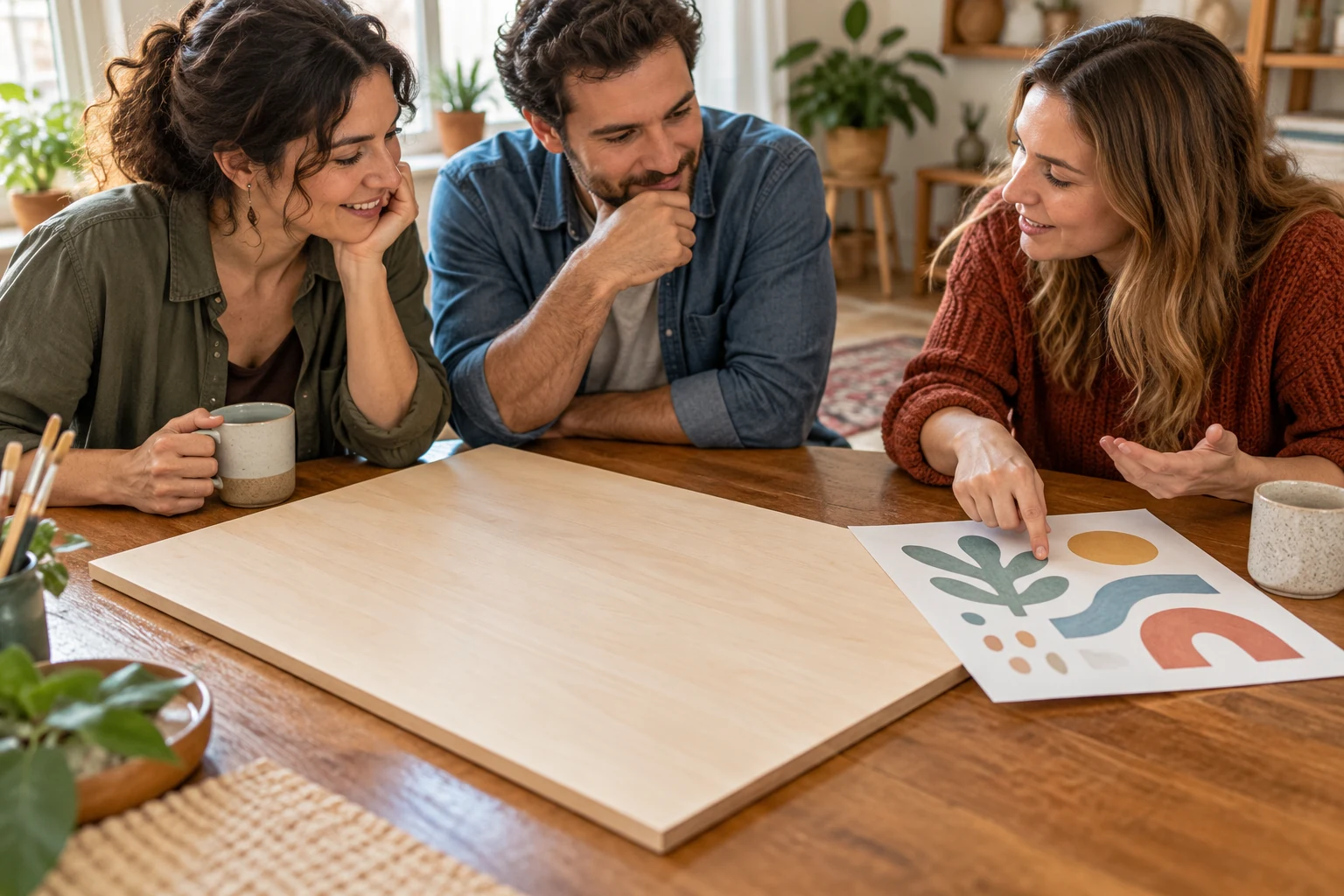 A collaborative painting afternoon planned around one shared unfinished wood panel, with adults discussing a paper handoff sketch before adding to the work