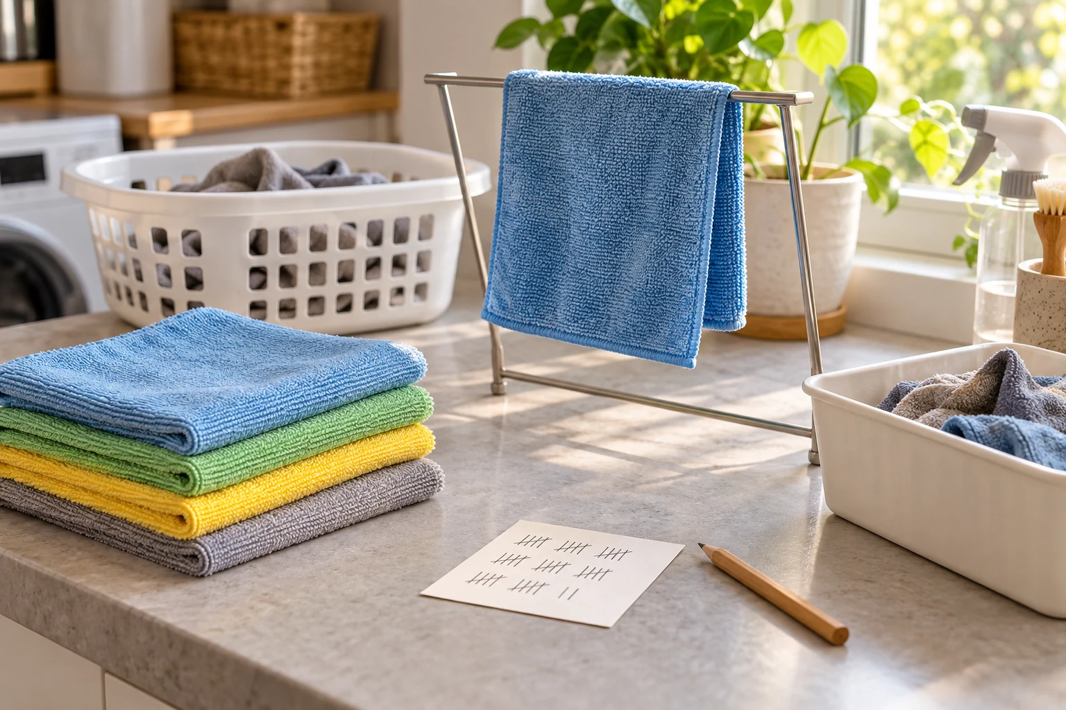 reusable microfiber cloth replacement planning showing clean microfiber cloths, a drying cloth and a tally card for reuse tracking.