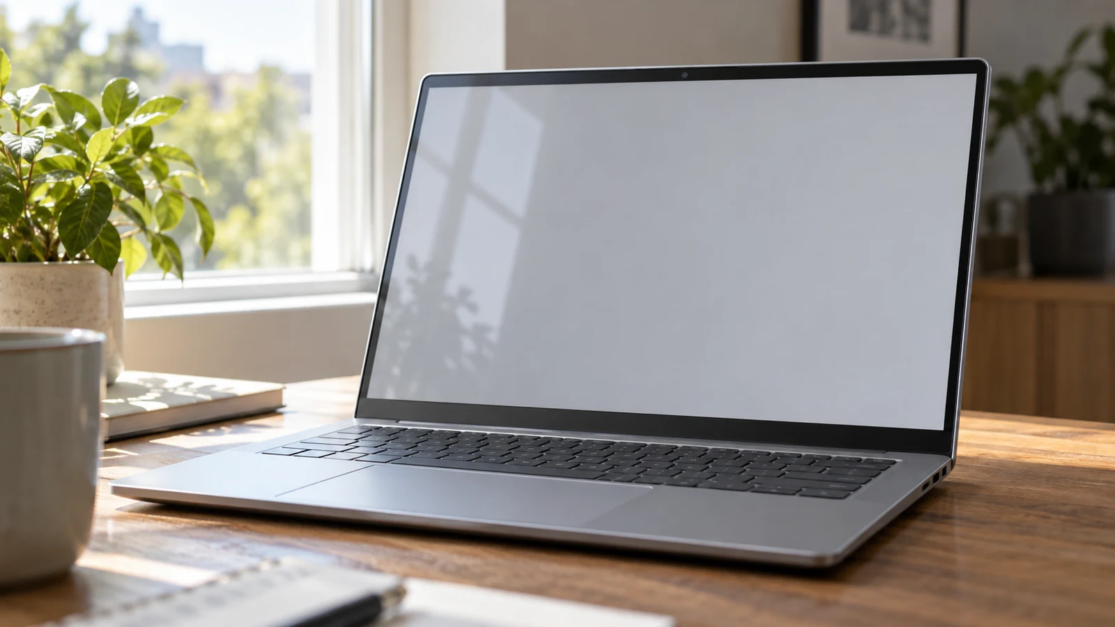 Dell Inspiron screen brightness checks: An unbranded laptop with a pale screen sits on a wooden desk beside a window.