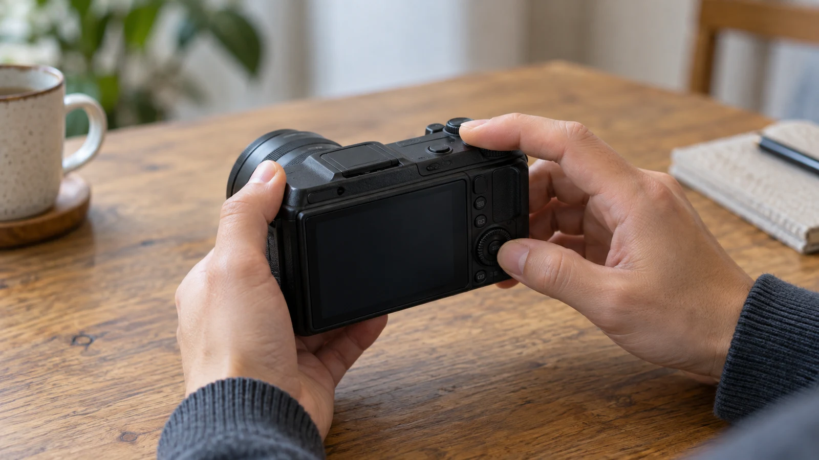 Sony ZV-1 II custom button checks: Hands hold a black camera with fingers beside its controls above a wooden table.