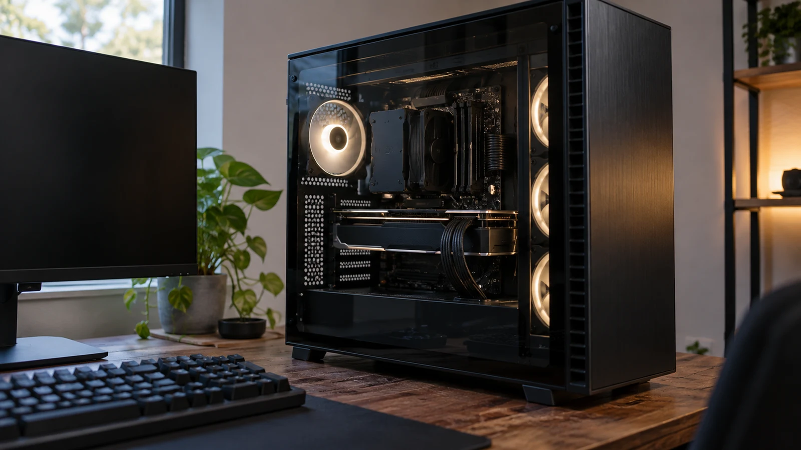 Hachiman PC Tora gaming desktop: A glass-sided computer tower with illuminated fans stands beside a dark monitor on a wooden desk.