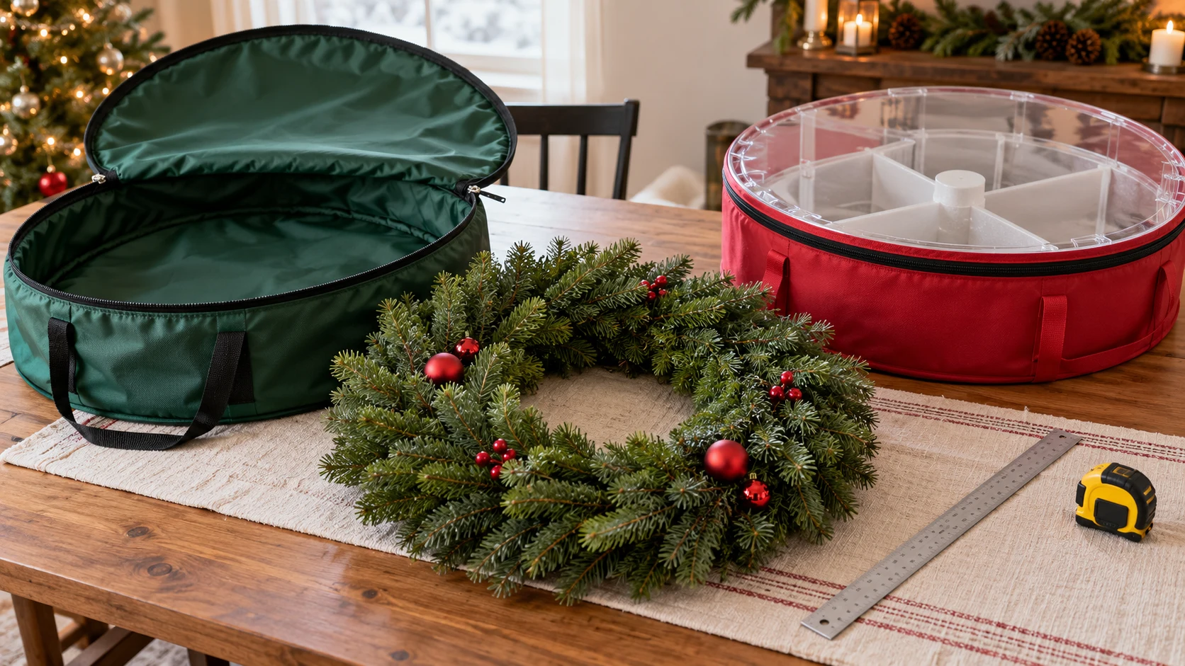 Wreath storage container choices: an open green bag and round red clear-lid container beside a measured evergreen wreath.